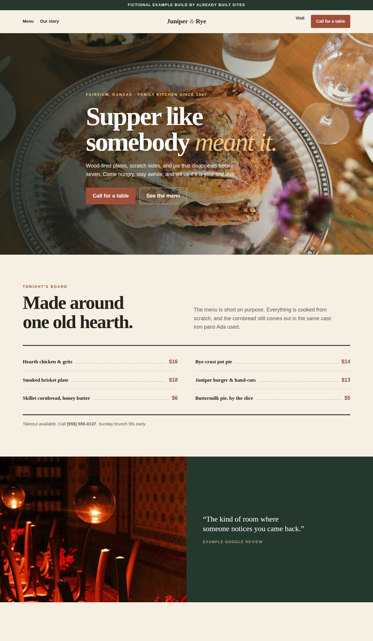 Juniper and Rye restaurant website preview